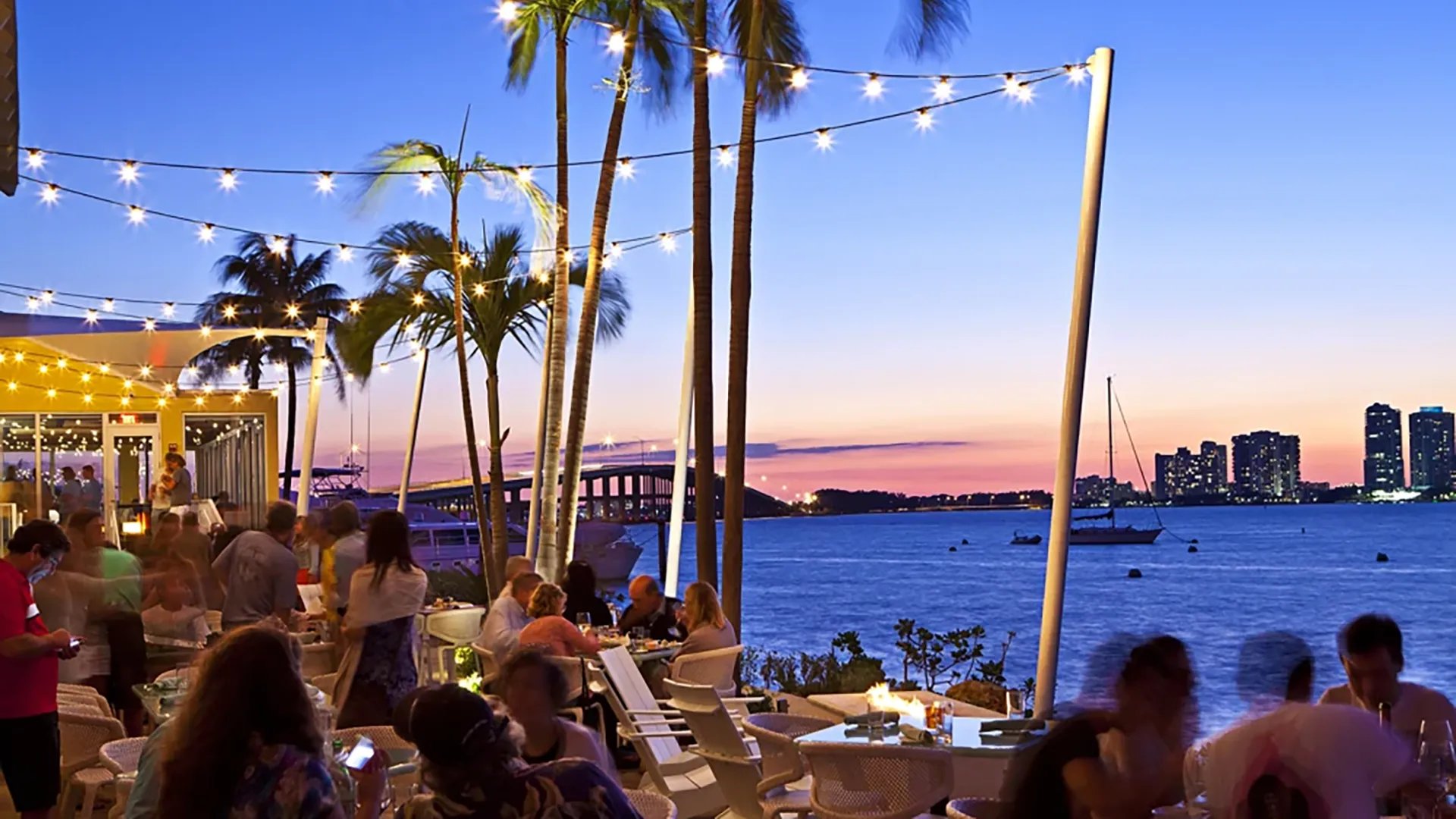 Waterfront restaurant view at sunset in Miami