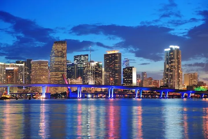 Miami skyline at night from the water