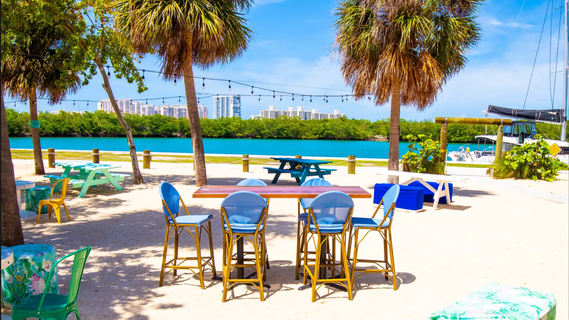 Waterfront dining with skyline views near Key Biscayne