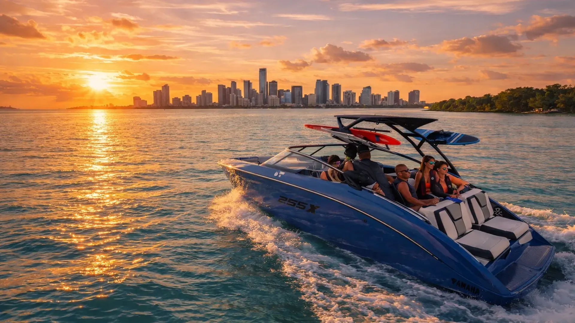 Yamaha 255XE boat at golden hour for a Miami sunset cruise on Biscayne Bay